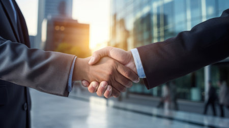 A senior executive and a junior businessman's firm handshake foregrounds a modern office building, marking a pivotal business agreement.の素材
