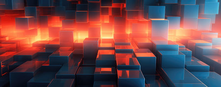 Glowing 3D cubes in contrasting hues of fiery red and serene blueの素材