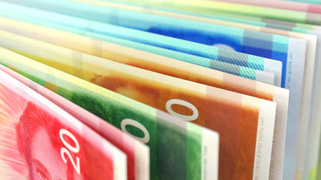 Israeli shekel banknotes in various denominations.の写真素材