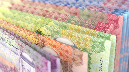 Saudi Arabian riyal banknotes arranged in colorful rows, symbolizing finance and trade