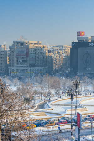 Bucharest, Romania - January 20th 2016: Bucharest center at Unirii Square in winter seasonのeditorial素材