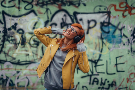 Young redhead woman listening music on a headphonesの写真素材