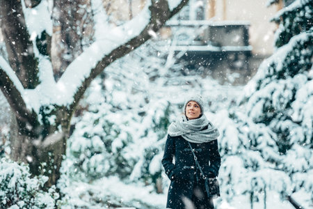 Shot of a beautiful woman walking on a city streets during the snow