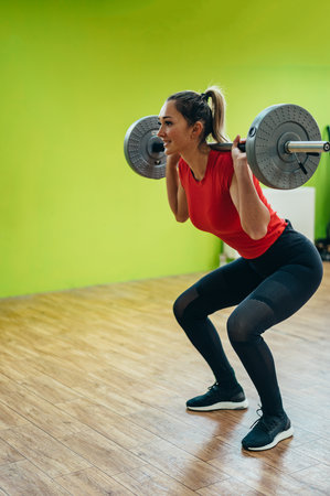 Young attractive woman holding barbell while training in the gym