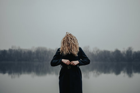 Young blonde woman standing near the river in a green coatの写真素材