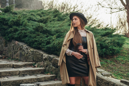 Beautiful woman drinking coffee takeaway while walking in the nature dressed very stylish and trendyの写真素材