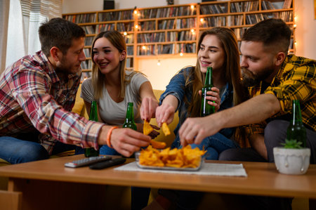 Group of friends on a house party hanging out together and drinking beer while eating nachos and having funの写真素材