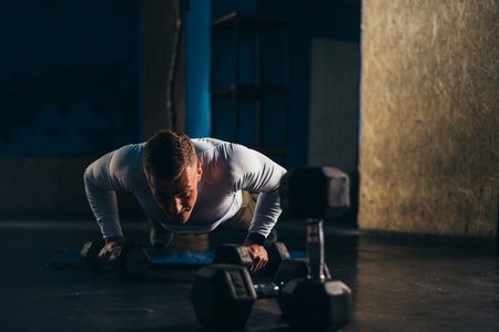 Muscular handsome man doing pushups with dumbbell while training at homeの写真素材