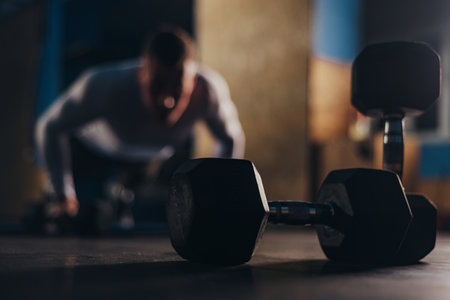 Handsome man training with the dumbbells in the gymの写真素材