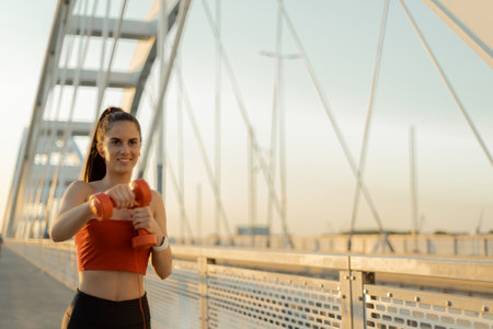 Shot of a fit young woman working out with weights in the morning on a bridgeの写真素材