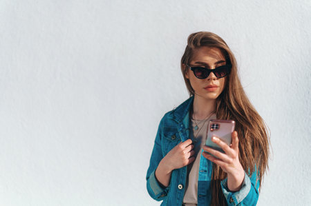 Young beautiful woman using a smartphone while standing outside in front of a white wallの写真素材