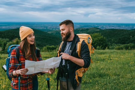 Couple of hikers enjoying the walk in nature and looking in the map for orientation while using trekking poles and wearing backpacks with a camping gearの写真素材
