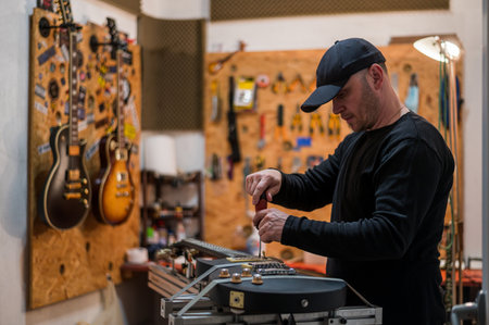 Black electrical guitar in repair service shop with a guitar luthier which fixes and tightens it