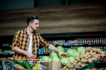 Young handsome man in a supermarket choosing products and holding shopping cart while grocery shoppingの写真素材