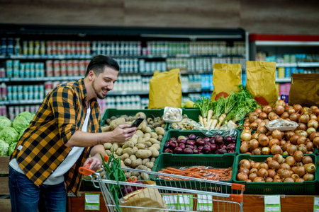 Young handsome man in a supermarket using smartphone and choosing products and holding shopping cart while grocery shoppingの写真素材