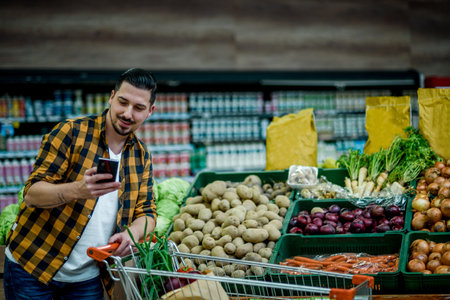 Young handsome man in a supermarket using smartphone and choosing products and holding shopping cart while grocery shoppingの写真素材