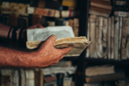 Senior man hands holding an old book in a libraryの写真素材