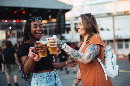 Two beautiful friends drinking beer and having fun at music festivalの写真素材