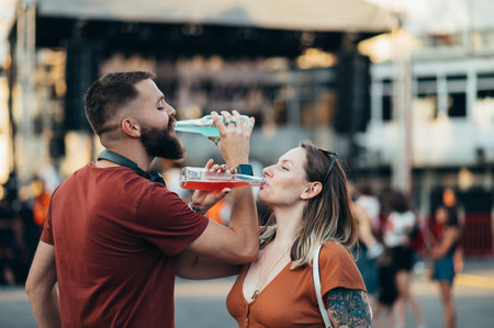 Beautiful couple drinking cocktails and having fun at music festivalの写真素材