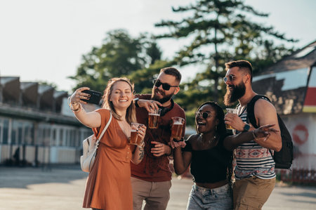 Group of friends taking selfie with a smartphone and drinking beer while having fun at music festivalの写真素材