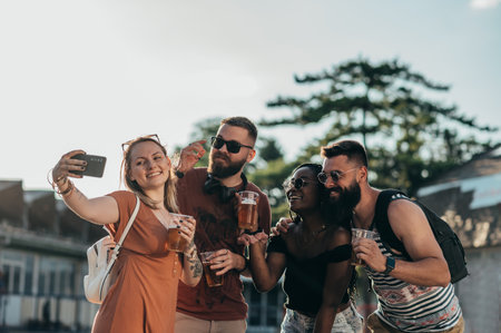 Group of friends taking selfie with a smartphone and drinking beer while having fun at music festivalの写真素材