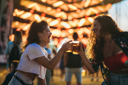 Two beautiful friends drinking beer and having fun on a music festivalの写真素材
