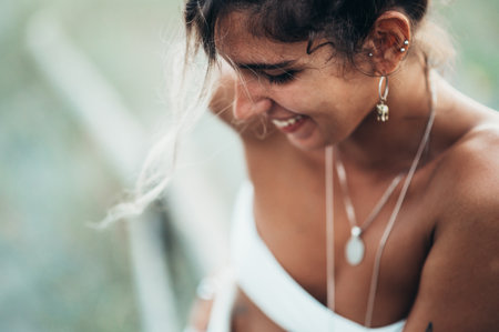 Portrait photo of a beautiful girl posing outsideの写真素材
