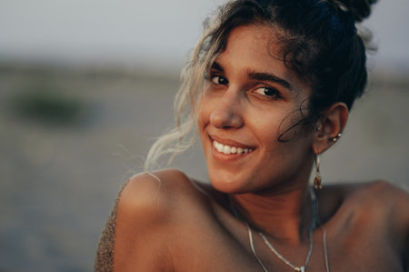 Portrait photo of a beautiful girl posing outsideの写真素材