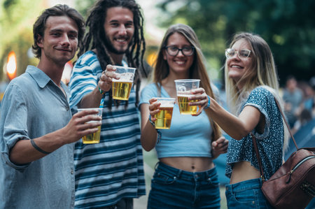 Group of friends drinking beer and having fun at music festival. Friendship and celebration concept....