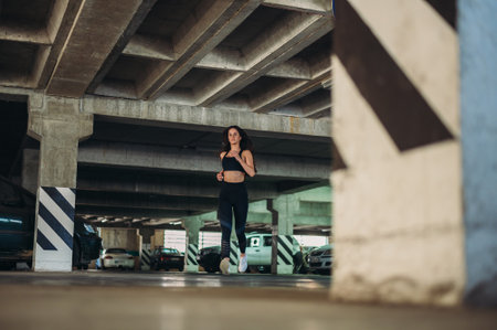 Attractive young woman running while training outside in an urban environmentの写真素材