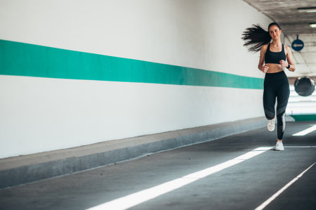 Attractive young woman running while training outside in an urban environmentの写真素材