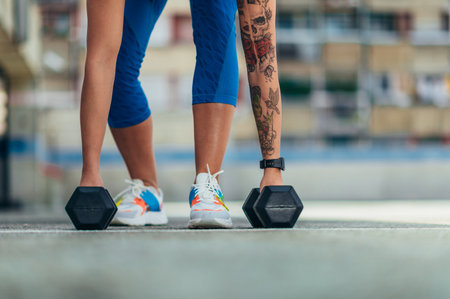 Unrecognized attractive woman training outside while using dumbbellsの写真素材