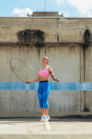 Attractive young woman using a fitness jump rope while training outside in an urban environmentの写真素材