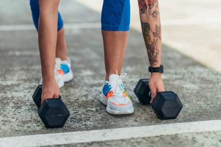 Young attractive woman training outside while using dumbbellsの写真素材