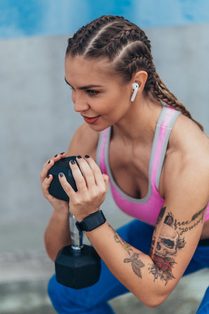 Young attractive woman training outside while using dumbbells and airpodsの写真素材