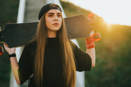 Young woman holding her longboard and standing on the bridgeの写真素材