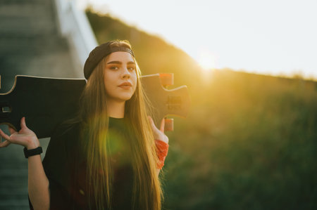 Young woman holding her longboard and standing on the bridge