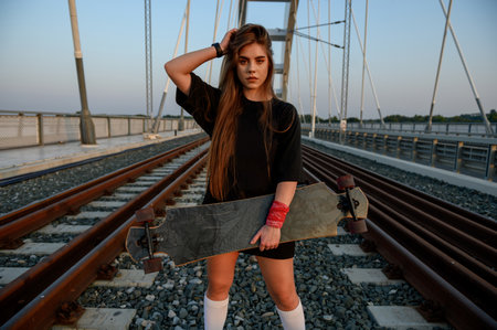 Young woman holding her longboard and standing on the bridgeの写真素材