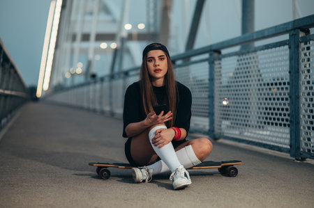 Young woman sitting on her longboard and using a smartphone while on the bridgeの写真素材