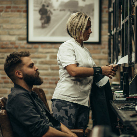 Young bearded man getting talking with his hairdresser while sitting in chair at barbershopの写真素材