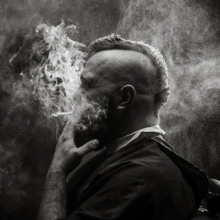 Young bearded man with a mohawk sitting in chair at barbershop and smoking a cigarette