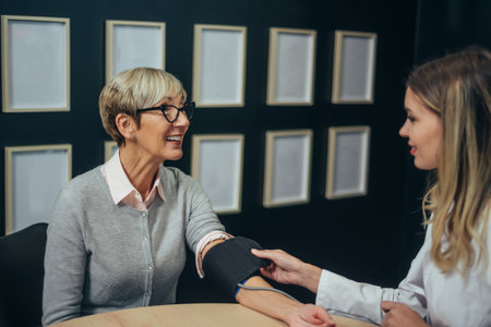 Smiling male doctor measuring blood pressure of a senior woman patient in a modern office