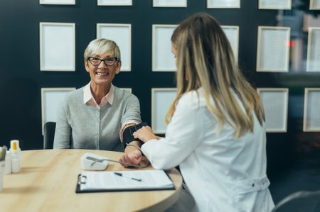 Smiling senior woman patient in doctor's office checking blood pressure
