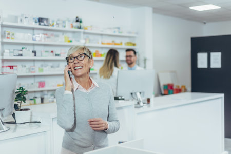 Smiling senior female patient in a pharmacy using a smartphone with a young pharmacist working in the backgroundの写真素材