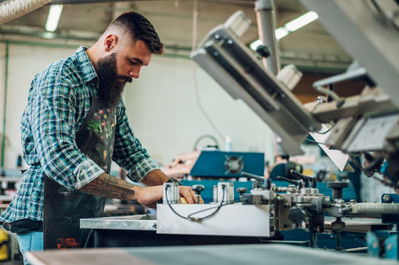Male worker pressing ink on frame while using the printing machine in a workshopの写真素材