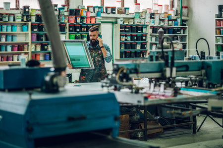 Male worker holding a screen printing film in a workshop and using a smartphoneの写真素材