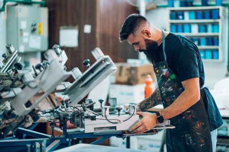 Male worker using screen printing film and a printing machine in a workshopの写真素材