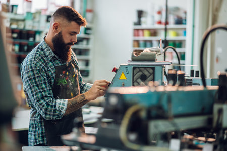Male worker using printing machine in a workshop