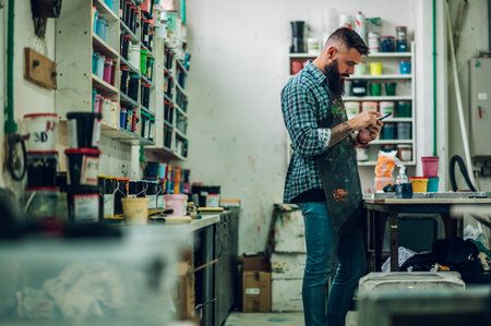 Male worker mixing colors for screen printing in a workshop and using a smartphoneの写真素材