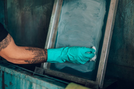 Male worker cleaning screen frame with a cloth in a printing workshopの写真素材